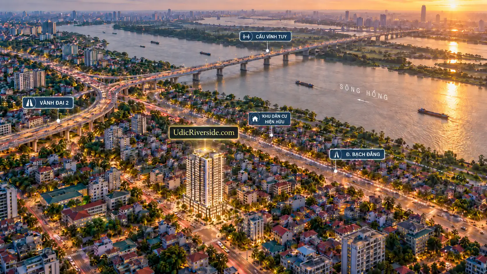 Toàn cảnh UDIC Riverside bên sông Hồng, minh họa bối cảnh khu Vĩnh Tuy